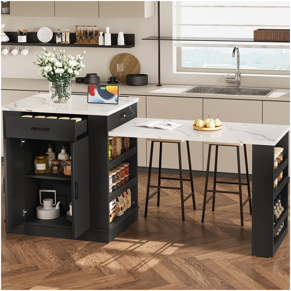 Black Expandable Kitchen Island with 2 Doors, 2 Drawers & Shelving, Multi-Purpose Rolling Cart for Prep, Storage, and Entertainment