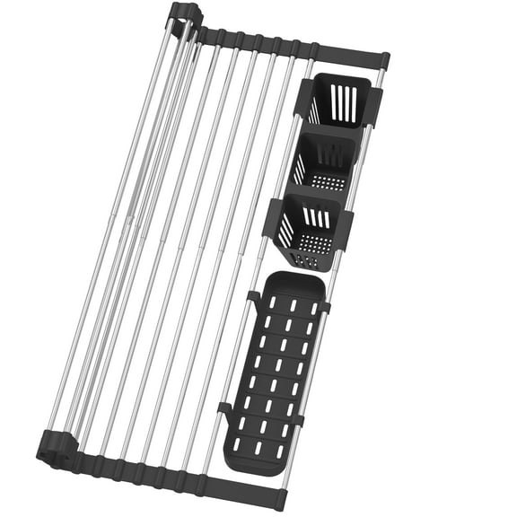 Black Expandable Roll Up Dish Drying Rack To 22.8''with 2 Storage Baskets Over The Sink Kitchen Rolling Drainer  Foldable Rollable For Dishes(expandable Width Size)