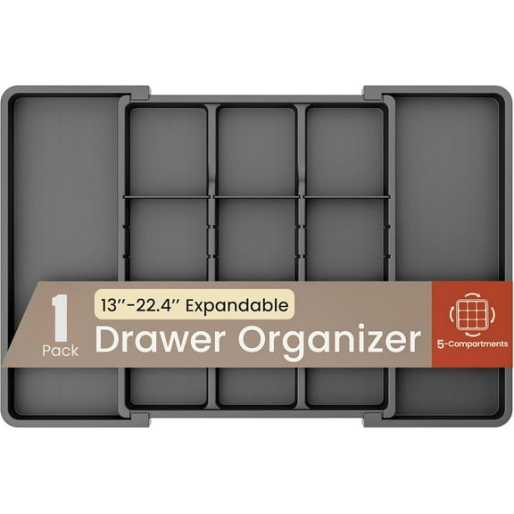 Black Expandable Utensil Drawer Organizer 1 Pack, Adjustable 13” to 22.4”, 5 Compartment Silverware Organizer for Kitchen Utensils, Spatulas, Cutlery, and Tools, Easy to Clean, Durable, and BPA-Free
