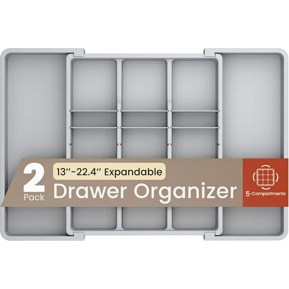 Black Expandable Utensil Drawer Organizer 2 Pack, Adjustable 13” to 22.4”, 5 Compartment Silverware Organizer for Kitchen Utensils, Spatulas, Cutlery, and Tools, Easy to Clean, Durable, and BPA-Free