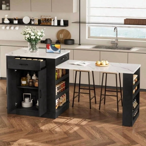 Black Extendable Kitchen Island Console with Drawers, Double-door Cabinet & Open Shelves, Multifunctional as Breakfast Bar Dining Table