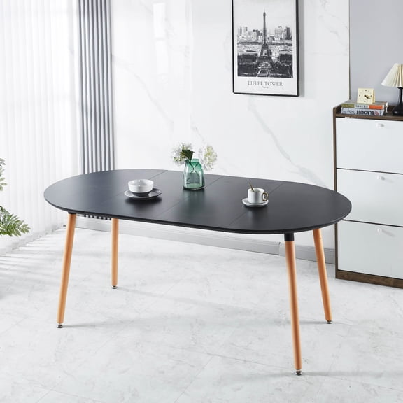 Black Extensible Dining Table with Wood Leg – 3-in-1 Expanding Table 39.4" to 70.9" for Kitchen, Office, Coffee, MDF Top