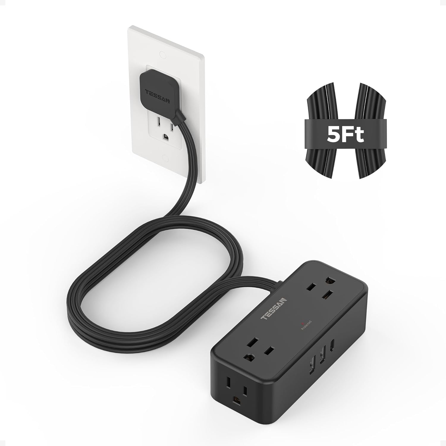 Black Extension Cord 5 Ft, Flat Surge Protector Power Strip with 4 Wide Spaced AC Outlets 3 USB Ports (1 USB C), Ultra Thin Flat Plug with 900J Surge Protection, Office Dorm Room Essentials