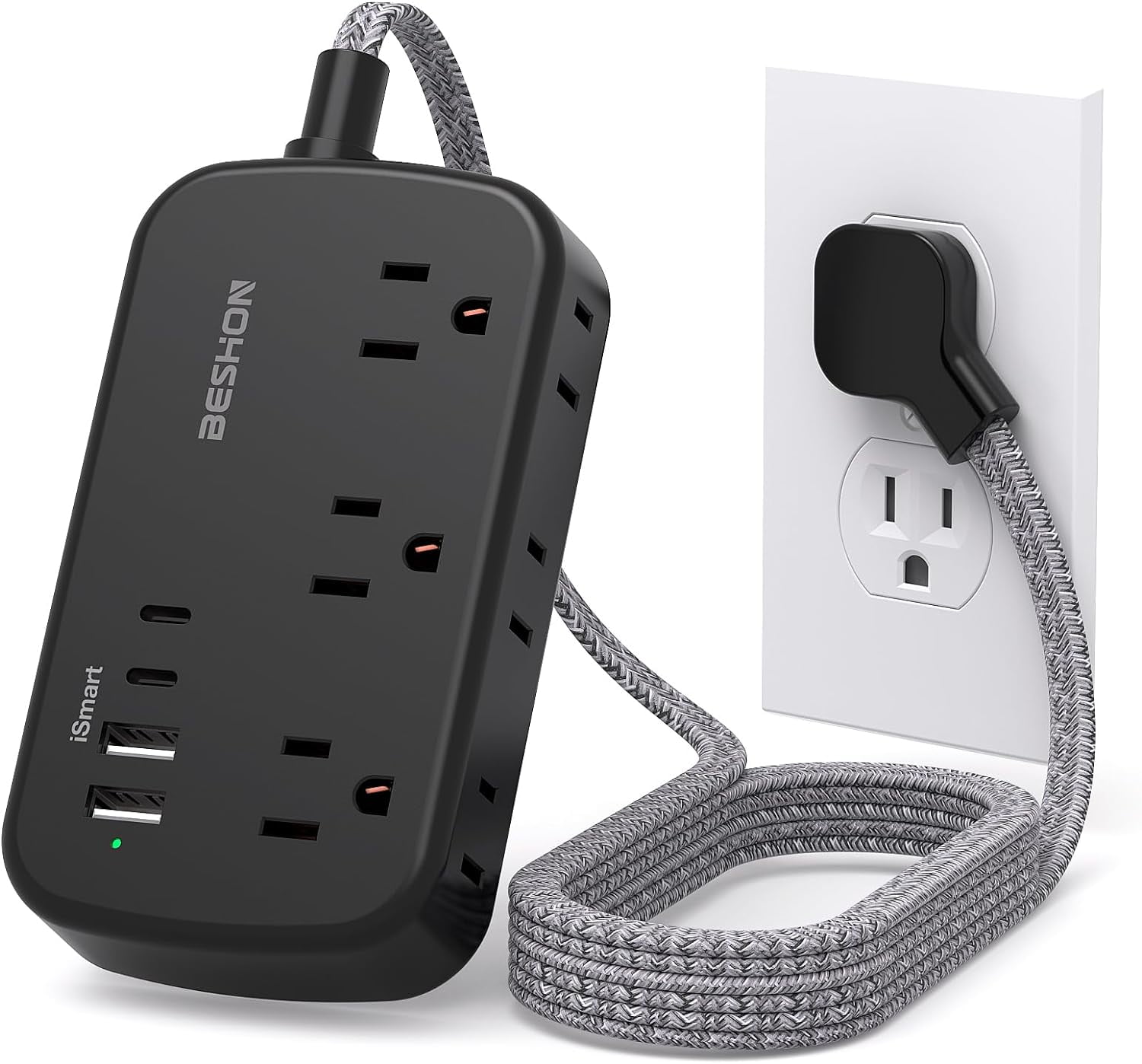 Black Extension Cord, 5Ft Flat Plug Power Strip With Usb C, 6 Outlets 4