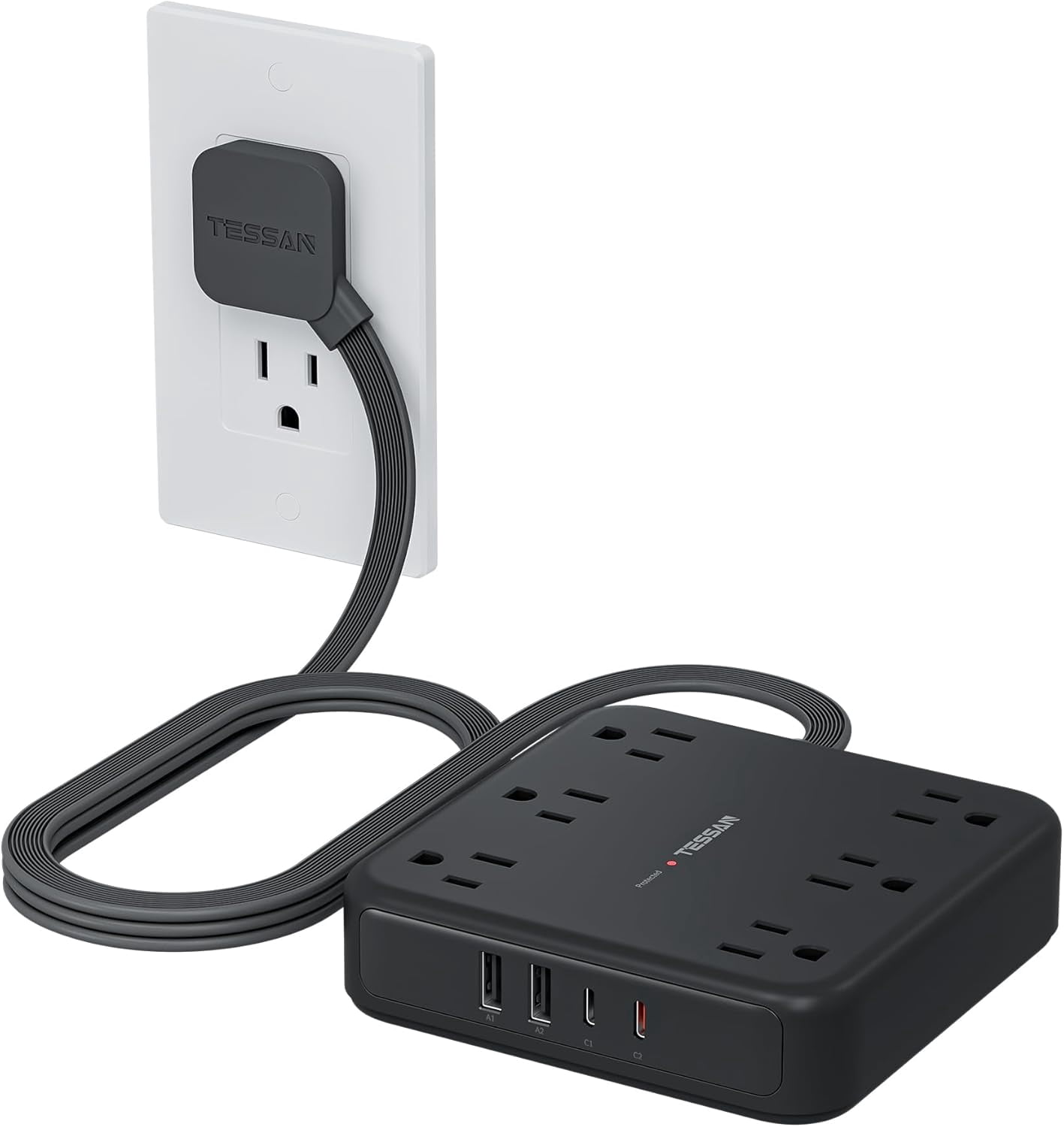 Black Extension Cord with Fast Charger, Surge Protector Power Strip with 6 Outlets and 4 USB Ports (2 USB C), 2100 Joules Protection, Flat Plug, Multi Outlet Extender for Home, Office, Dorm