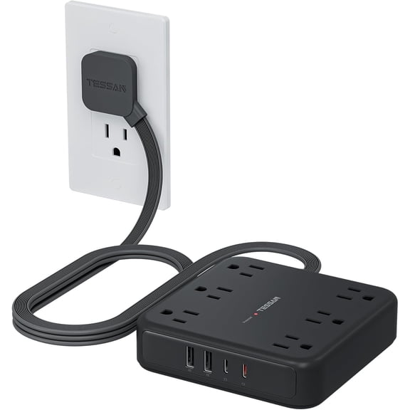 Black Extension Cord with Fast Charr, Sur Protector Power Strip 6 Outlets and 4 USB Ports (2 C), 2100 Joules Protection, Flat Plug, Multi Outlet Extender for Home, Office, Dorm