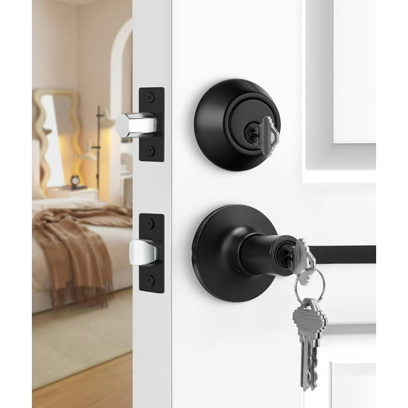 Black Exterior Door Handle Set with Deadbolt, Front Door Lock Set, Matte Black Door Lever and Single Cylinder Deadbolt, Entry Door Locksets, Heavy Duty Zinc Alloy