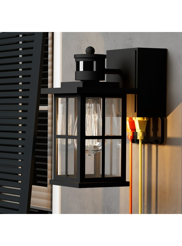 Black Exterior Light Fixtures as Front Porch Lights Outdoor Wall Sconce or Wall Lantern for House with GFCI Outlet, Mount Lighting and Infrared Sensor, Perfect for Garage, Patio or Garden
