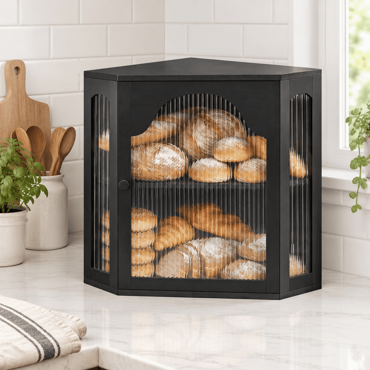 Black Extra Large 2-Tier Corner Bread Box For Kitchen Countertop ...