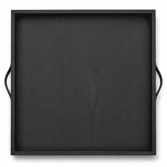Black Extra Large Square Wood Ottoman Tray With Leather Handles, 25.51 x 24.80 x 2.13 In