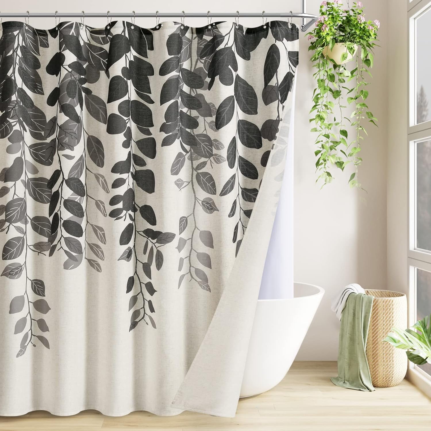 Black Extra Long Shower Curtain Liner Linen Neutral Heavy Duty 200GSM