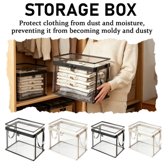 Black Extra Thick Clear Plastic Storage Container with Closed Zipper Cover, Multi Purpose Neat Organizer for House Moving Outdoor Camping and Loft Space Sorting