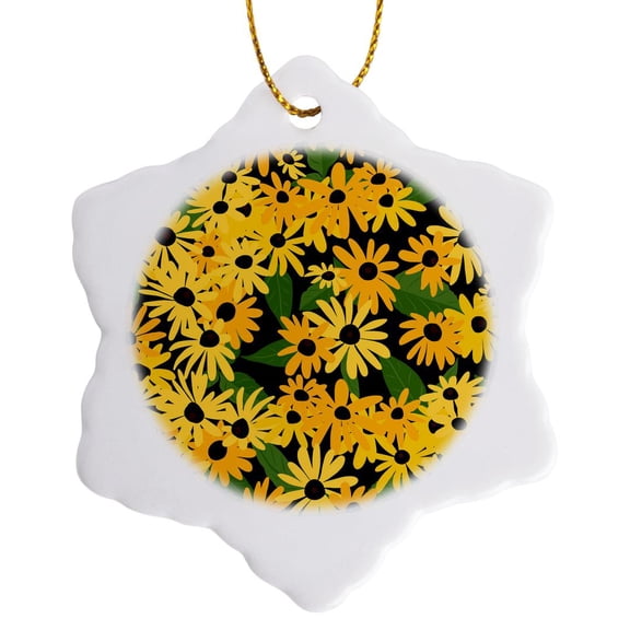 3drose, Black-eyed Susan Floral Pattern, 3 inch Snowflake Porcelain Ornament