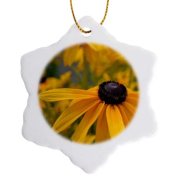 3drose, Black Eyed Susan Flowers, 3 inch Snowflake Porcelain Ornament
