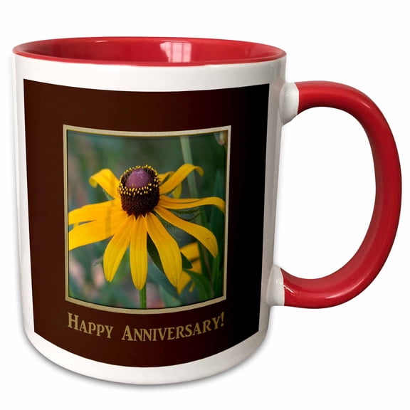 3drose, Black Eyed Susan Framed in Gold and Burgandy, Happy Anniversary, 15oz Two-tone Red Mug