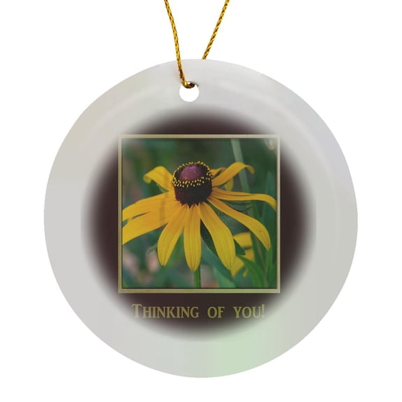 3drose, Black Eyed Susan Framed in Gold and Burgandy, Thinking of You, Circle Porcelain Ornament