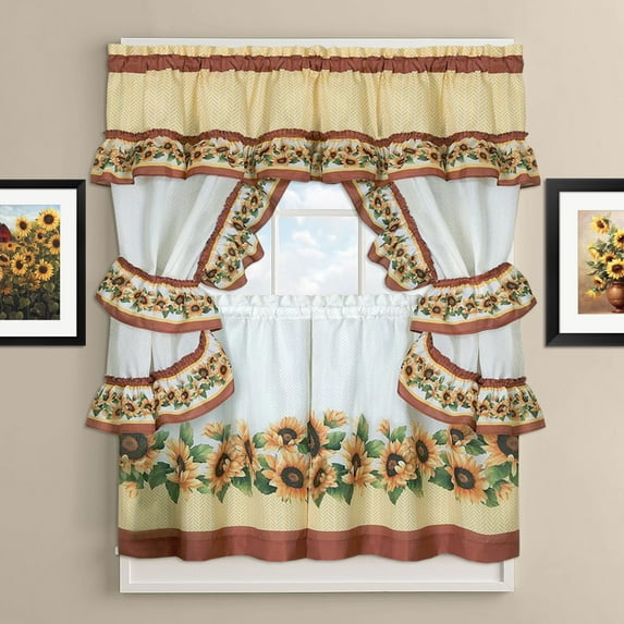 Black Eyed Susan Multicolor Kitchen Curtain Cottage Set 24"L, and 36"L x 56"W