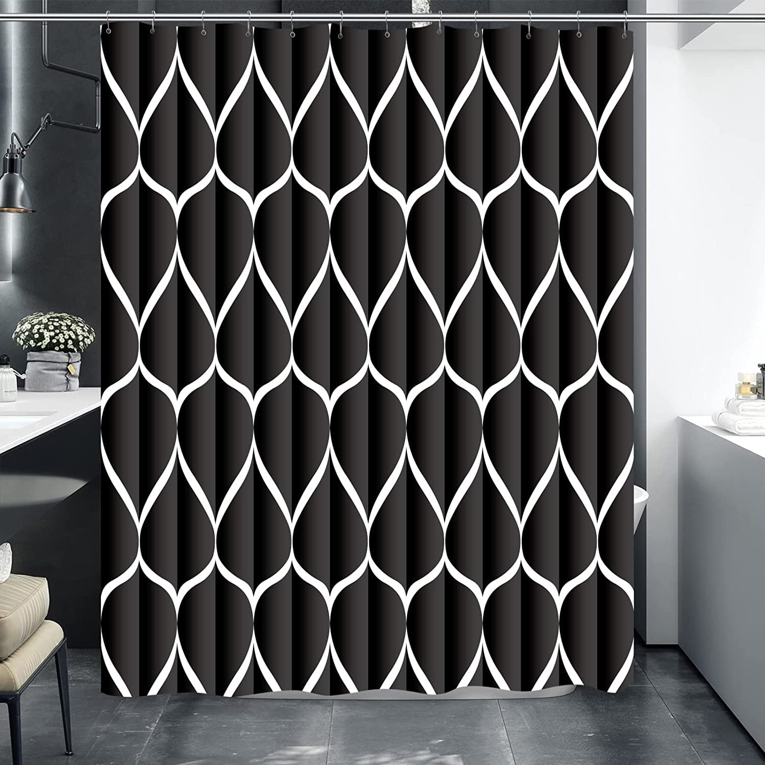 Black Fabric 72 x 72 Inch Cloth Shower Curtain, Waterproof Design and Polyester, Quick-Drying, Heavy Duty Shower Curtains Set for Bathroom, Durable and Washable with 12 Metal Hooks