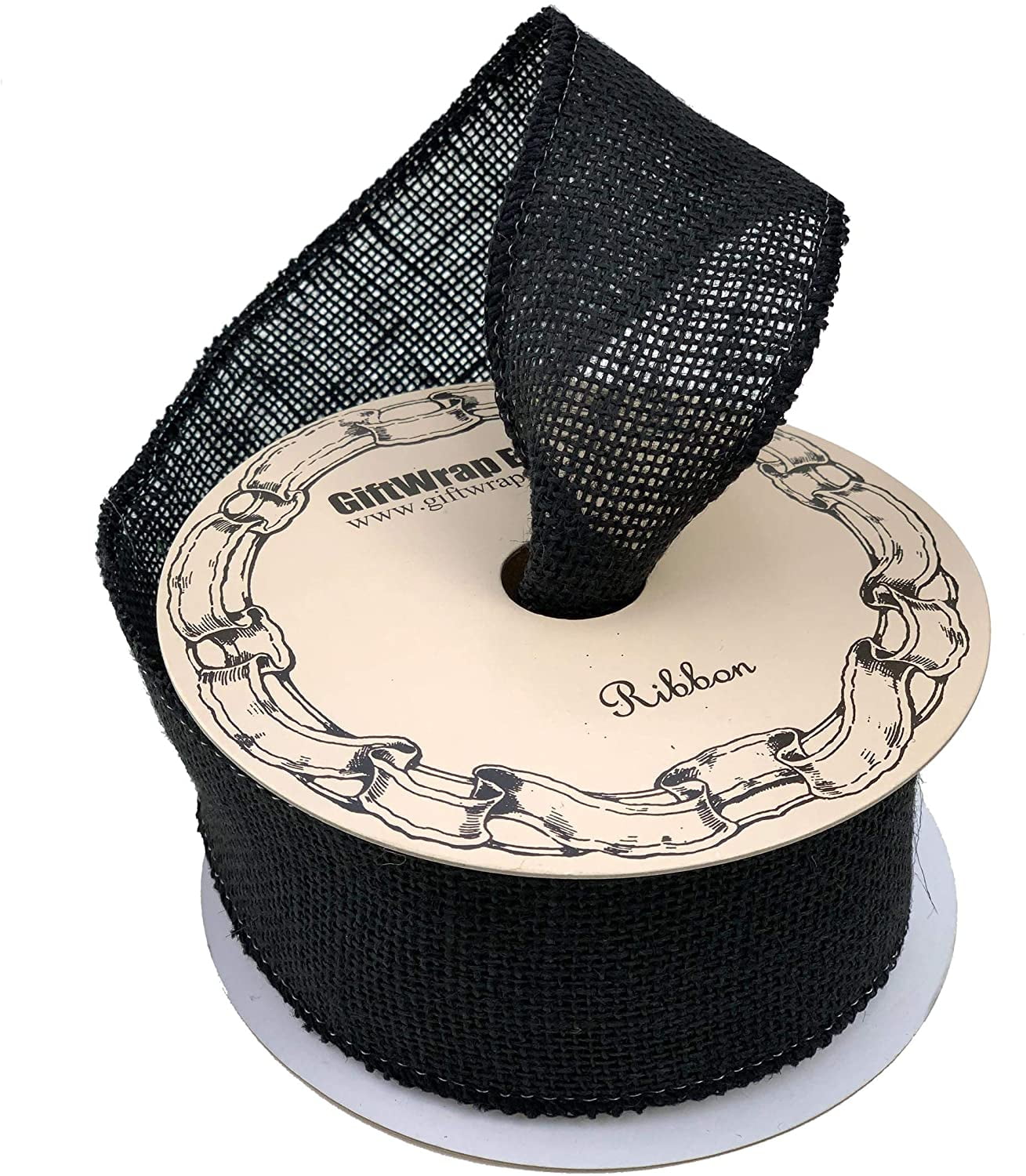 GIFTWRAP ETC. Black Fabric Burlap Woven Ribbon - 2 1/2" x 10 Yards, Wired Edge, Rustic Jute Wedding Embellishments, Halloween, Holiday Decor, Wreath, Funeral, Christmas Tree Ribbon