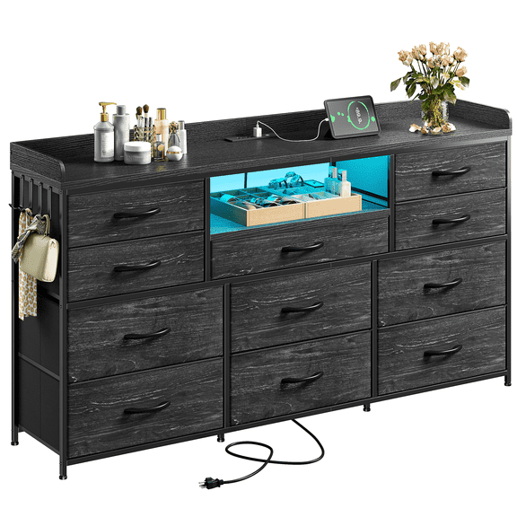 Black Fabric Dresser for Bedroom with 11 Drawers,LED Lights,Charging Station, Wooden Top,Chest of Drawers with 4 Hooks,Fits TVs up to 60 Inches for Entryway