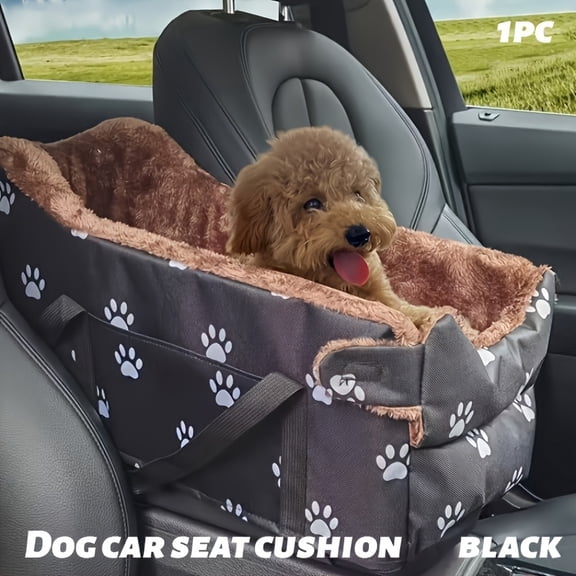 Black Fabric Paw Print Dog Car Seat, Portable Pet Travel Booster Basket with Adjustable Straps, Safety Harness Soft Cushion, Secure Buckle for Small,Medium Dogs