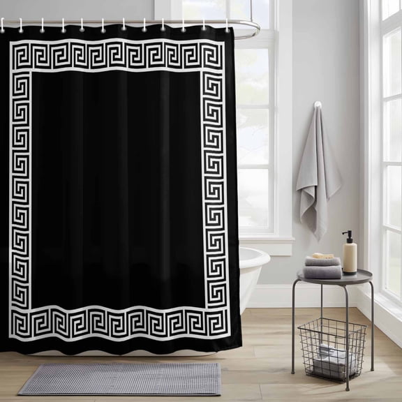Black Fabric Shower Curtain for Bathroom Greek Chinese Style Waterproof Polyester Bath Curtain with 12 Hooks Washable Shower Curtain with Grommets 48"x72"