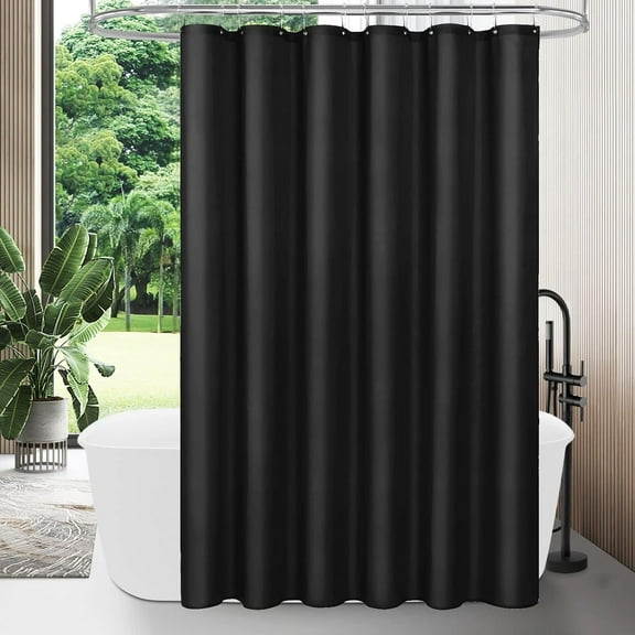 Black Fabric Shower Curtain Liner, Simple Shower Curtain or Liner for Modern Neutral Hotel Bathroom Decor, Waterproof Cloth & Machine Washable, 12 Plastic Hooks, 72" W x 72" H