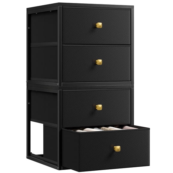 Black Fabric Stackable Storage Drawers Closet Organizer & Storage with Fabric Drawers & Wood Top & Metal Frame, 4 Drawers Total, 22LBS/Drawer