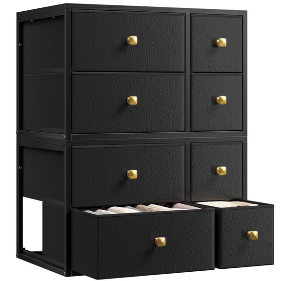 Black Fabric Stackable Storage Drawers Closet Organizer & Storage with Fabric Drawers & Wood Top & Metal Frame, 8 Drawers Total, 22LBS/Drawer