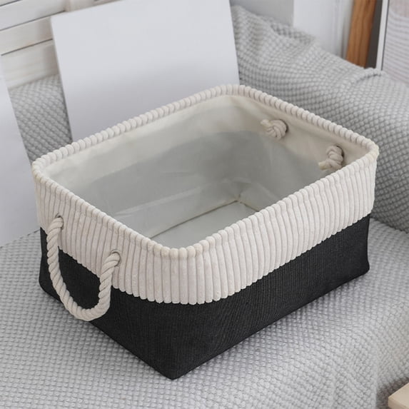 Black Fabric Storage Basket - Foldable Cloth Container for Clothing, Toys & Home Organization, 16x12x8 Inch, Durable, Easy Carry w/Handles