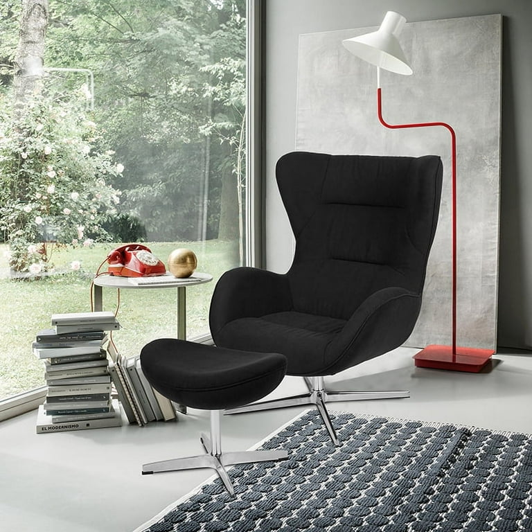 Black Fabric Swivel Wing Chair and Ottoman Set