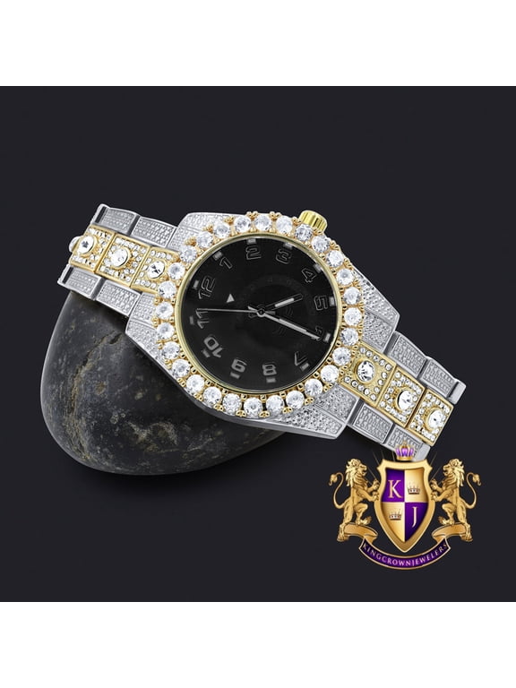 Black Face Solitaire 2 Tone Gold Finish Simulated Diamond Water Resistance Steel Back Metal Band Watch 40mm