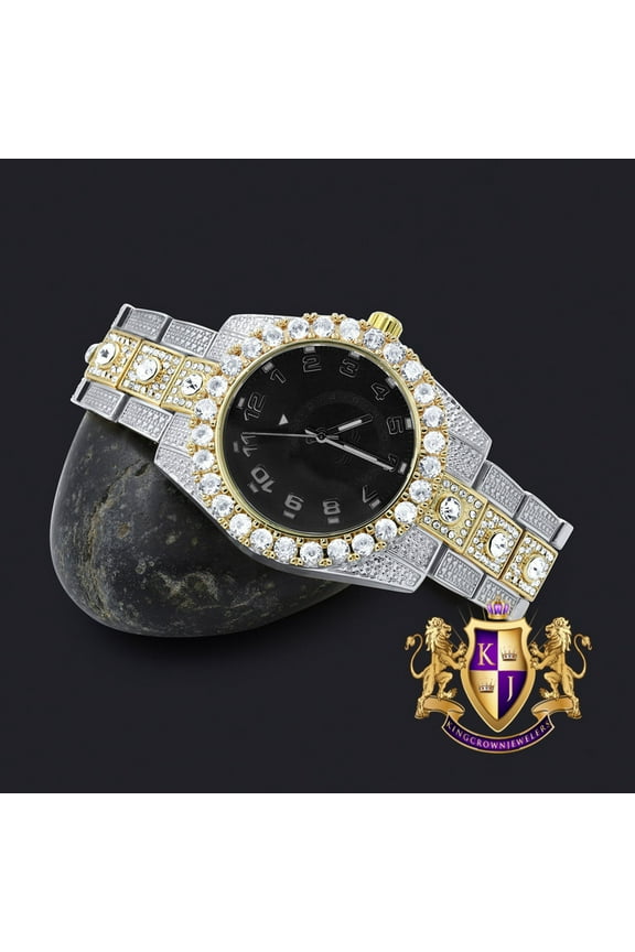 Black Face Solitaire 2 Tone Gold Finish Simulated Diamond Water Resistance Steel Back Metal Band Watch 40mm