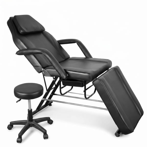 Black Facial Chair and Tattoo Bed with Storage Baskets, 881 LBS Heavy-Duty Steel Frame, Adjustable Backrest & Leg Rest for Salon, Spa, and Beauty Treatments