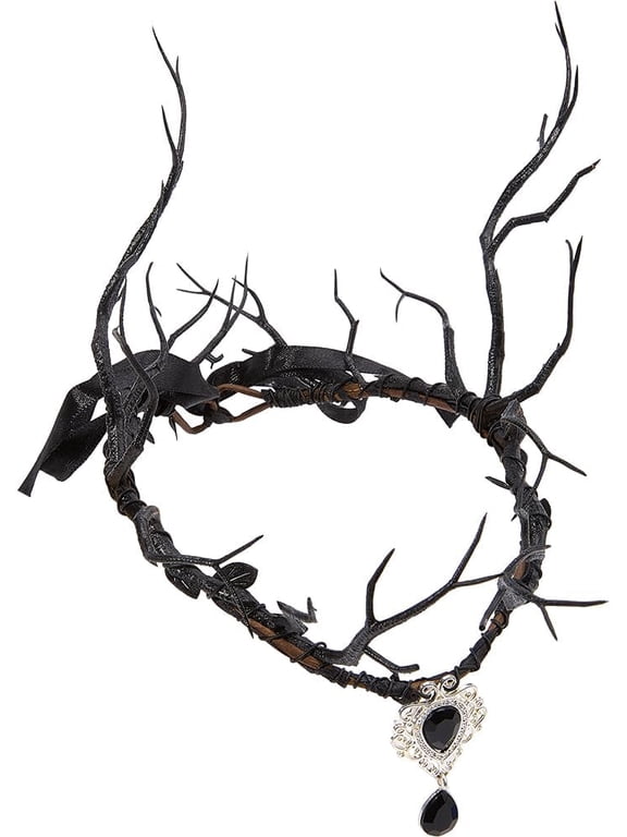 Black Fairy Headpiece Dark Reindeer Woodland Antler Elf with Drop Gothic Forest Costume Headband Circlet Crowns for Women Renaissance Goth Party Wedding Accessories