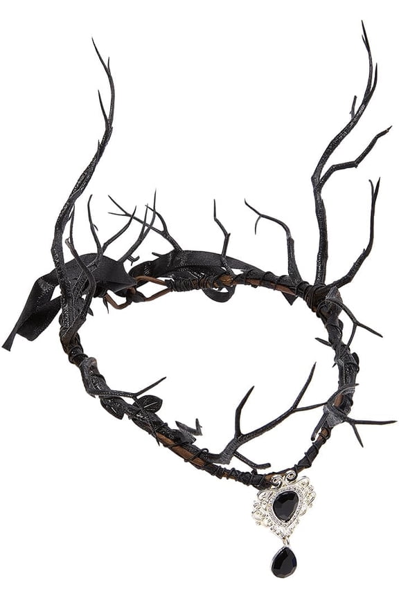 Black Fairy Headpiece Dark Reindeer Woodland Antler Elf with Drop Gothic Forest Costume Headband Circlet Crowns for Women Renaissance Goth Party Wedding Accessories