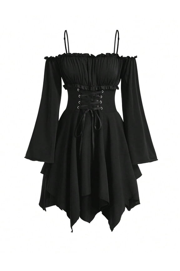 Black Fairycore Renaissance Gothic Cold Shoulder Asymmetrical Hem Dress