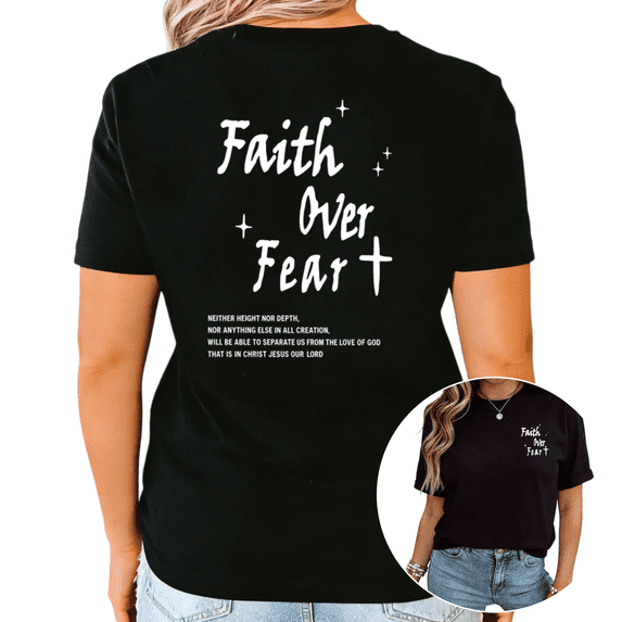 Black Faith Over Fear Christian Cross Bible Verse Graphic Print Tshirt Graphic Tees Shirts Religious Casual Tops S-5XL