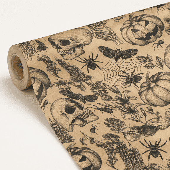 Black Fall Gothic Gift Wrap Paper Roll, 30 in x 32.8 ft, Spooky Season Design