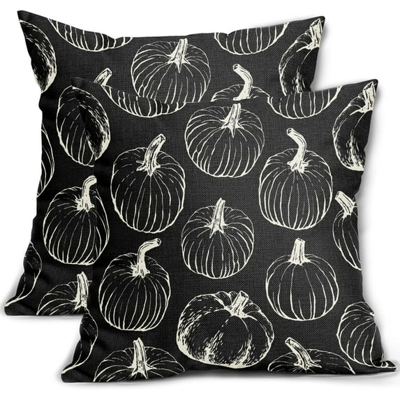 Black Fall Pumpkin Pillow Covers 18x18 Set of 2 Autumn Themed Thanksgiving Cream Print Decorative Throw Pillows Outdoor Pillowcase Farmhouse Linen Cushion Case Decor for Home Sofa Couch Bed