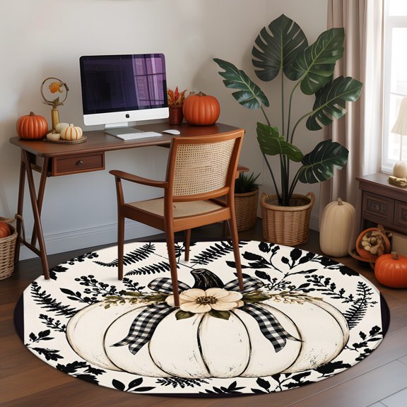 Black Fall Pumpkins Round Area Rug 3 FT,Small Kitchen Bathroom Mat,Thanksgiving Floral Botanical Foliage Washable Indoor Outdoor Throw Runner Carpet Doormat for Table Shower Sofa Entryway