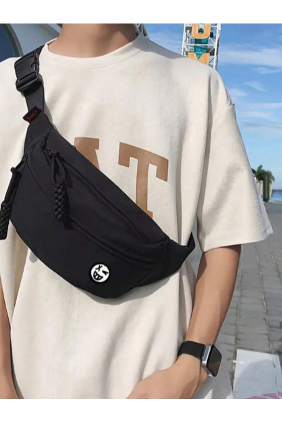 Black Fanny Pack Crossbody Waist Bag With Drawstring Closure Compact Size