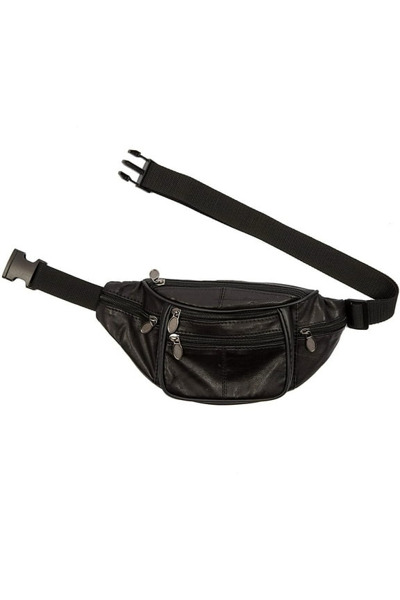 Black Fanny Pack Sheep Leather Waist Bag Pack for Men Women Travel Pouch Bag, Multiple Pockets & Durable Belt for Hiking Running Cycling