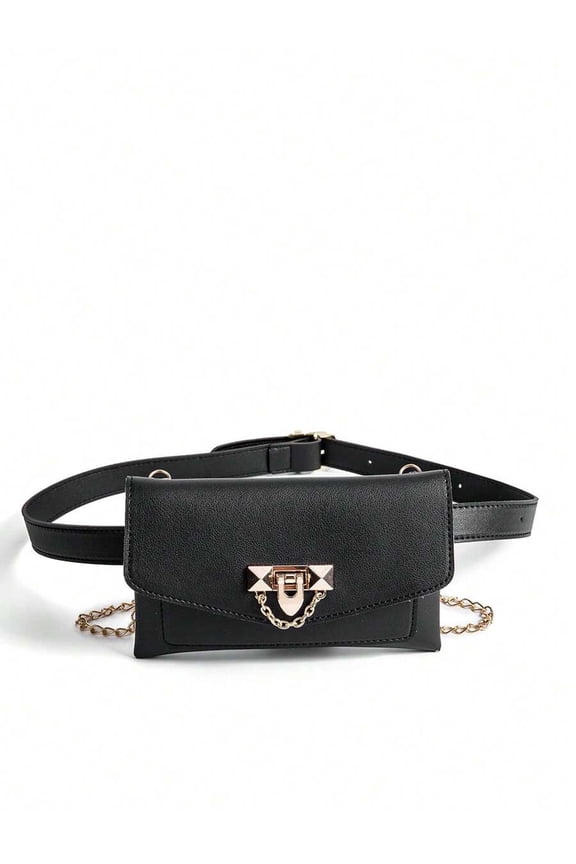 Black Fanny Pack With Gold-Tone Chain Accent And Clasp Belt Bag