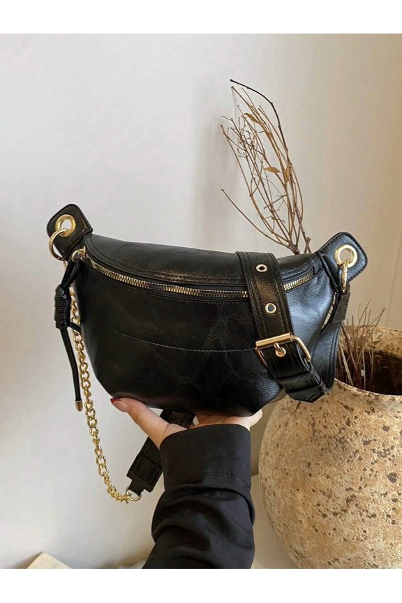 Black Fanny Pack With Gold-Tone Hardware, Chain Strap And Buckle Closure
