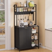 Black Farmhouse Bakers Rack With Cabinet, 6 Shelves, 6 Hooks & Power Outlet