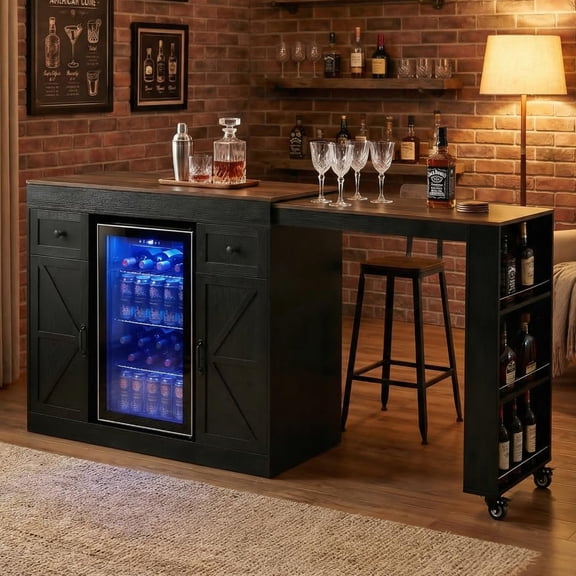 Black Farmhouse Bar Cabinet With Built-In Beverage Fridge And Pull-Out
