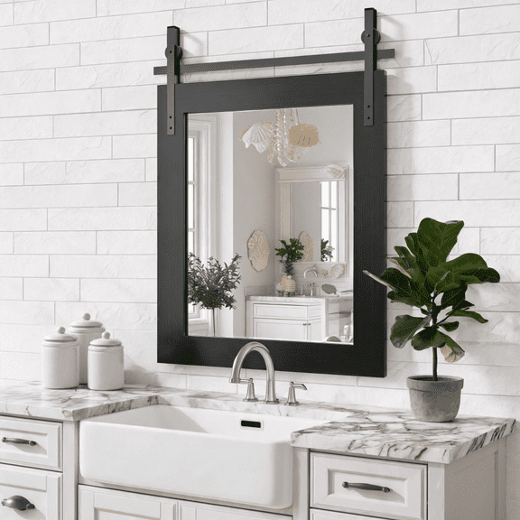 Black Farmhouse Barn Door Mirror, Rustic Wood Frame Bathroom Vanity