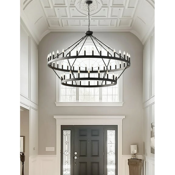 Black Farmhouse Chandelier 54-Light 60 Inch, Extra Large Black Round Rustic Candle Farmhouse Pendant Light Fixture for High Ceilings, Dining Room Living Room Kitchen Island Foyer Entryway