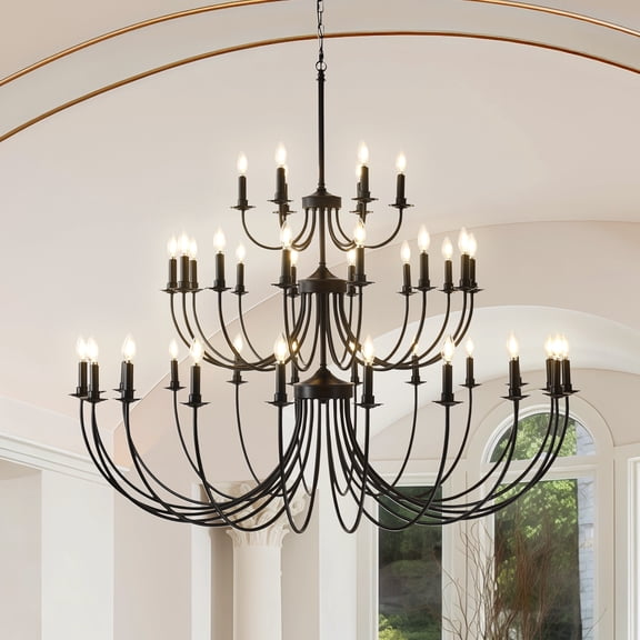 Black Farmhouse Chandelier with Adjustable Chain - 40-Light Rustic Candle Style for Dining Room & Foyer